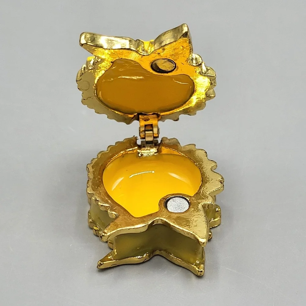 Work of Art Sunflower Trinket Pill Box Enamel Magnetic Shel Decor Gold Yellow